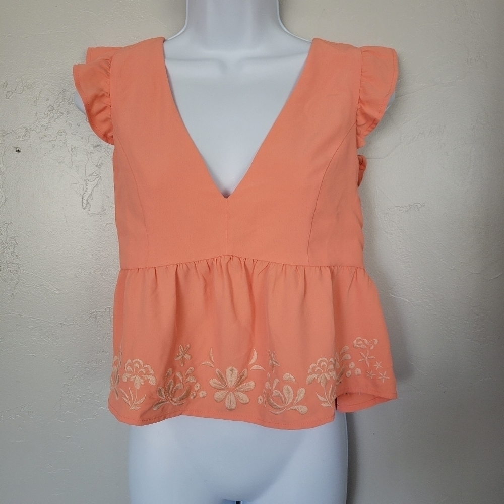 Lily Star Small Orange Blouse Plunge V-neck Floral Embroidery Peplum Cropped Top